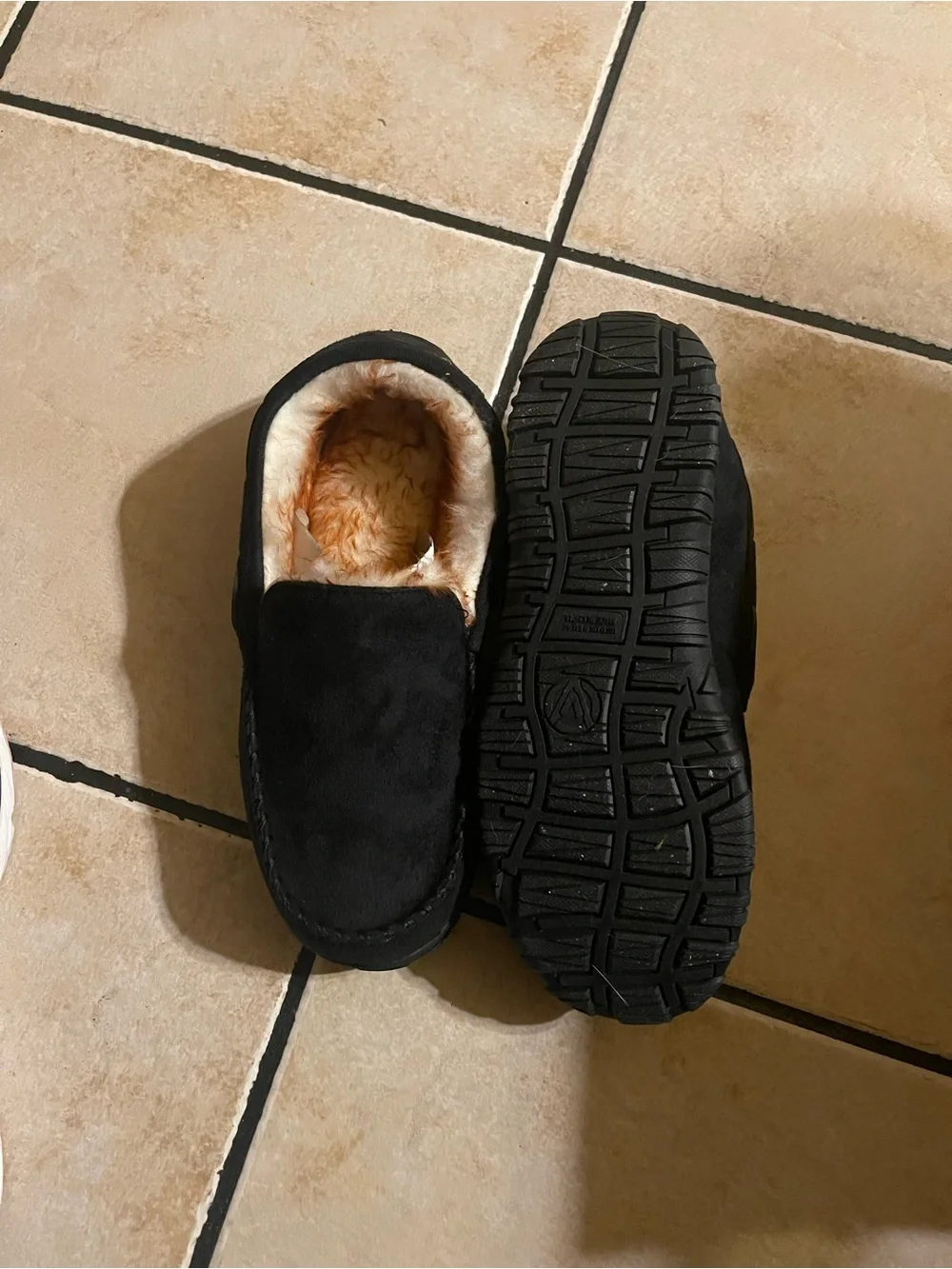 Amazon Black Slip-On Moccasin Slippers with Cream Fleece Lining